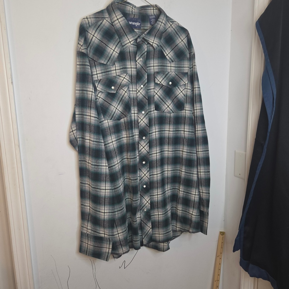 Wrangler‎ Mens 2XT Tall Western Pearl Snap Flannel Plaid Shirt Green Black White